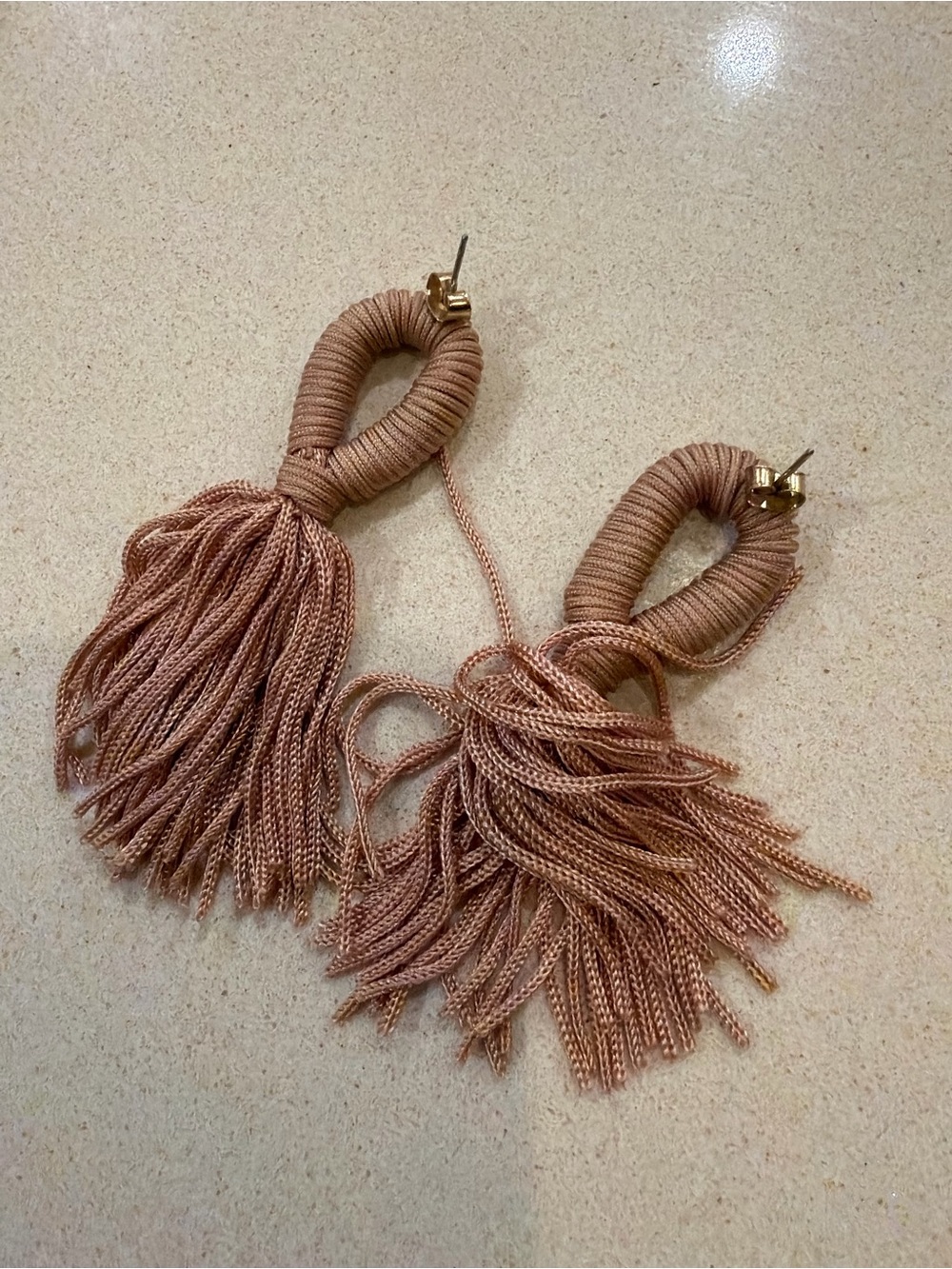 Beige Pink Wrapped Cord Statement Tassel Drop Earrings - Picture 5 of 7